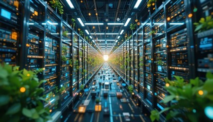 Obraz premium Futuristic Data Center Corridor with Green Plants Sustainable Technology Server Room