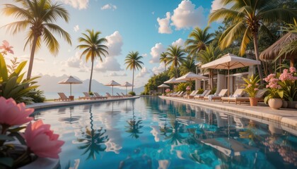 Fototapeta premium Luxurious Tropical Resort Poolside Paradise Tranquil Ocean View Swimming Pool with Palm Trees and Loungers