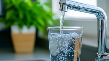Fresh Water Pouring Into Glass from Modern Kitchen Tap