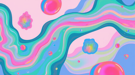 Fototapeta premium Generative AI Colorful Abstract Dreamscape - Liquid Art abstract colorful waves spheres circles pink blue green digital art pastel dreamy surreal creative playful modern - Ideal for ads.