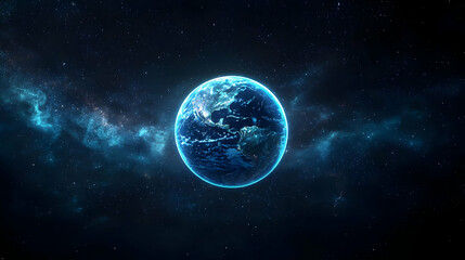 Digital Blue Earth Pixelated Against a Starry Cosmic Galaxy Background