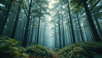 Fototapeta premium Mystical Foggy Forest Path Green Trees Nature Scene Tranquil Walkway Lush Greenery