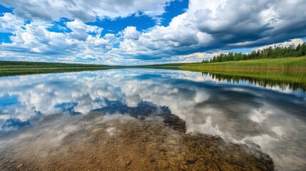 Obraz premium Tranquil Lake Scene with Reflective Clouds and Lush Greenery