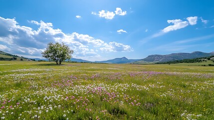 Fototapeta premium A Vast Spring Meadow with Vibrant Green Grass and Blooming Flowers.