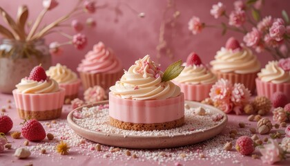 Delicious Pink Raspberry Cheesecakes and Cupcakes Sweet Treats Pastry Dessert Bakery