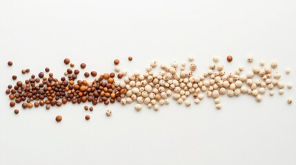 Gradient of Brown and White Peppercorns Arranged Horizontally on a Clean White Background