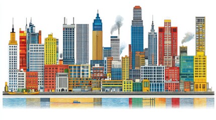 Fototapeta premium Vibrant cityscape panorama illustrated urban skyline with colorful buildings and architectural details reflecting in water scenery