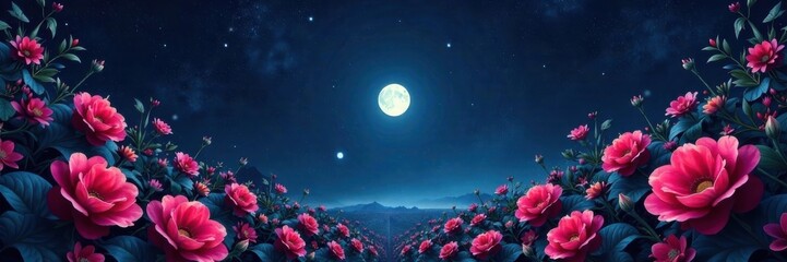 Fototapeta premium Dark florals in a mysterious void with white starlight and circular shapes, flower, dark space, dark floral
