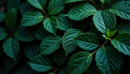 Dark foliage with intricate leaf patterns, blending into the shadows, dark ambiance, dark patterns, foliage