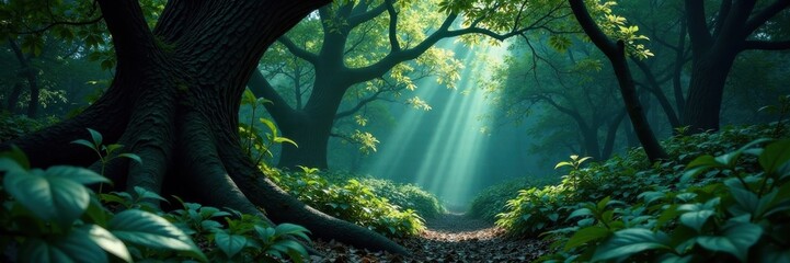 Dark forest foliage with twisted tree branches and exotic leaves in the shadows, exotic leaves, twisted branches, mysterious