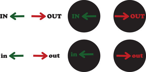 IN OUT arrow icons set. Simple arrow big vector collection isolated on transparent background. Red or green street sign with flat arrow pointing right and left signboard on road for pointing direction