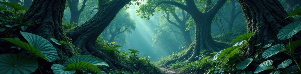 Fototapeta premium Dark forest with exotic leaves and twisted vines, dark forest, mysterious atmosphere, foliage