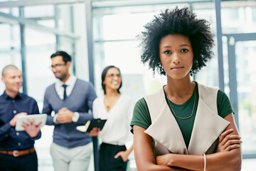 Arms crossed, portrait and serious with business woman in office for creative or design career....