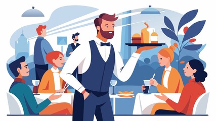 The image portrays the dedication and skill of a waiter in a restaurant setting, deftly maneuvering through crowds while providing attentive service to customers.