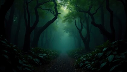 Dark forest with giant philodendron leaves and twisted tree branches , eerie atmosphere, mysterious foliage, philodendron