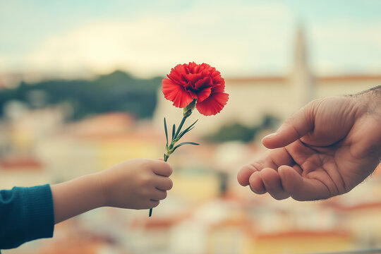 Kid giving a red carnation flower to his father on Freedom day of Portugal. Remembering Carnation revolution of 25th of April of 1974