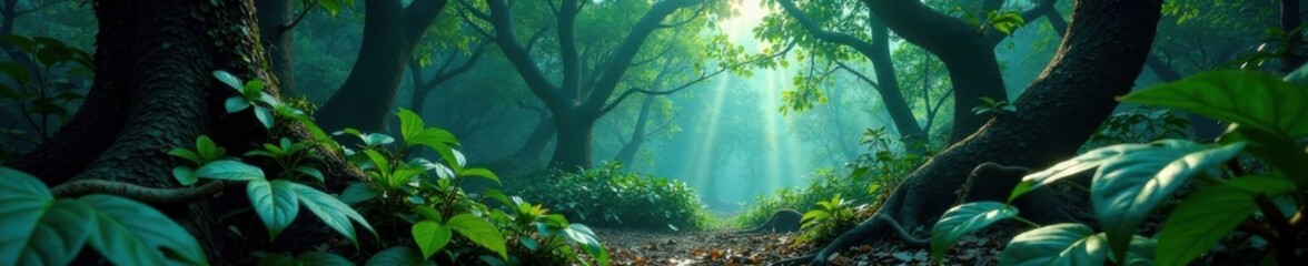 Dark forest with twisted vines and exotic leaves , eerie, nature, shadows
