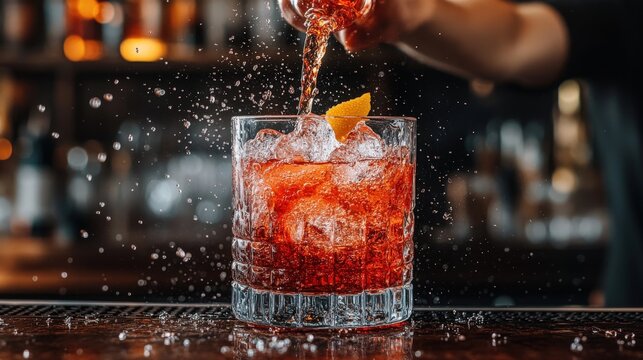 A Negroni cocktail being expertly crafted, with ice, an orange twist, and splashing liquid.  A dark moody bar backdrop adds atmosphere.