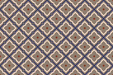 A seamless, geometric pattern in muted beige, brown, and navy tones.