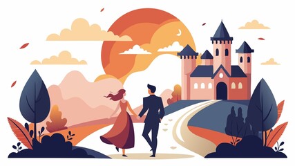 This image portrays the excitement and freedom of a new beginning: a wedding couple runs towards an old castle as the sun sets, their silhouettes creating a timeless and romantic scene.