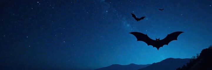 Fototapeta premium Dark midnight sky with flying bat silhouette against starry background, night sky, nocturnal animals, flying creatures