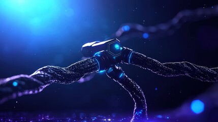 Futuristic cables connecting in blue-lit space, technology of future vision