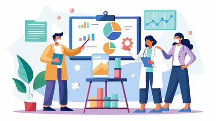 A detailed shot captures scientists actively engaged in a collaborative discussion, analyzing data and charts displayed on a whiteboard, creating a compelling image suitable for scientific publicatio