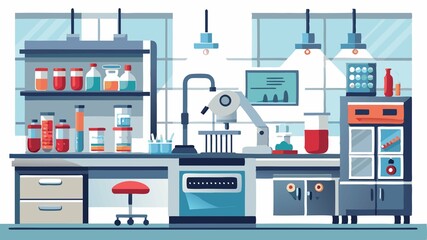 Obraz premium A detailed close-up of a sterile laboratory workspace showcases the carefully organized equipment and spotless surfaces, offering a visually compelling and informative image suitable for scientific p