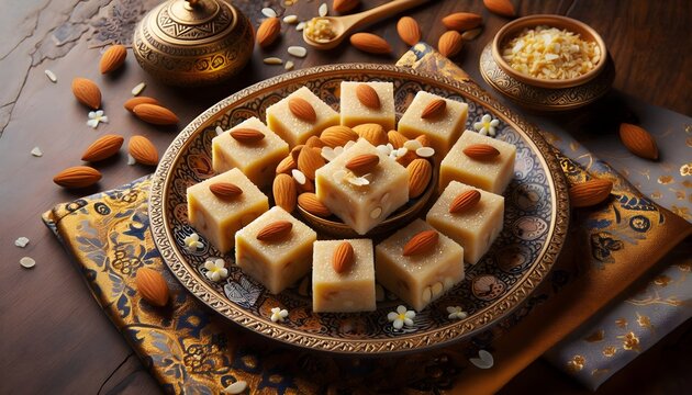 Rava barfi or sooji burfi or barfee is an Indian Sweet made with semolina, sugar, ghee and almonds. Suitable for recipes, articles, catalogs, or other commercial purposes.
