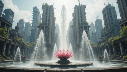 Serene Pink Lotus Fountain in Futuristic Cityscape with Tall Buildings and Lush Greenery