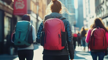 Fototapeta premium Durable anti-theft backpacks with hidden compartments, showcased in a vibrant urban travel setting