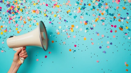 Megaphone with confetti on a blue background celebrating an event