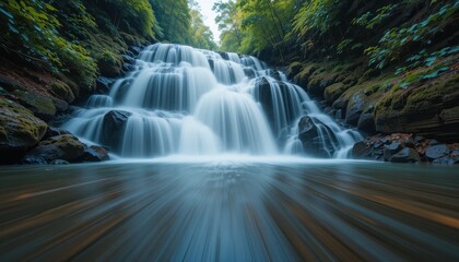 Obraz premium Serene Waterfall Cascading Through Lush Forest Landscape A Stunning Nature Scene