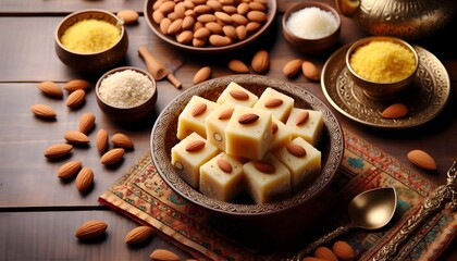 Fototapeta premium Close-up of delicious sooji burfi with rich texture perfect for festive dessert table