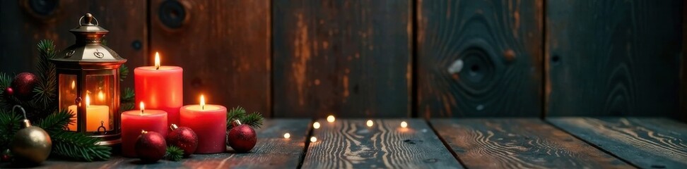 Dark wooden Christmas scene with candles and lanterns , festive, wood, winter