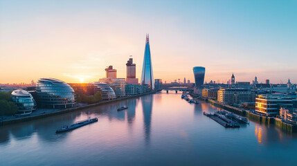 Obraz premium Cityscape View Of A River Surrounded By Modern Architecture At Sunset Golden Hour