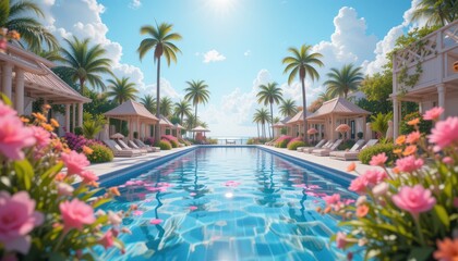Luxurious Tropical Resort Poolside Paradise Stunning Ocean View Villas and Lush Pink Flowers