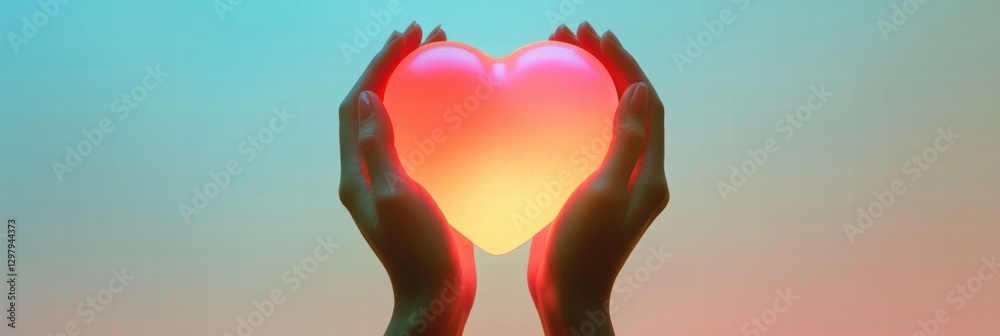 Aufkleber Creative hands holding a glowing heart shaped object against a colorful background. Generative AI