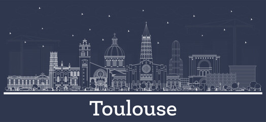 Naklejka premium Outline Toulouse France City Skyline with white Buildings. Business Travel and Concept with Historic Architecture. Toulouse Cityscape with Landmarks.