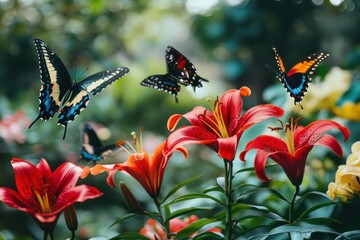 Colorful butterflies fluttering around vibrant red lilies in a lush garden.