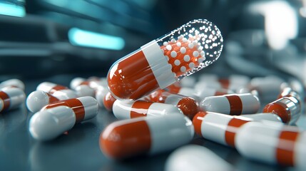 Futuristic Pharmaceutical Capsules and Pills - Sci-Fi Medicine Concept in High-Tech Laboratory