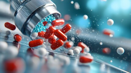 Futuristic Pharmaceutical Capsules and Pills - Sci-Fi Medicine Concept in High-Tech Laboratory