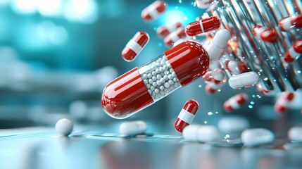 Futuristic Pharmaceutical Capsules and Pills - Sci-Fi Medicine Concept in High-Tech Laboratory