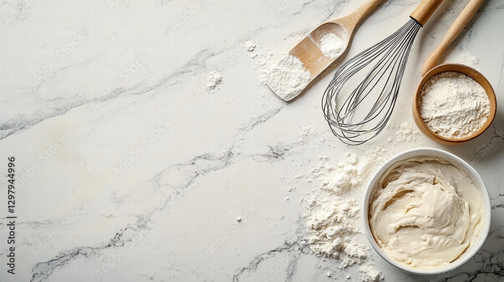 Poster baking preparation with flour, tools, and creamy mixture on a marble countertop during daylight hour