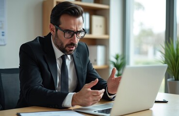 Obraz premium Furious bearded businessman argues via webcam video call. Upset manager talking colleague conversation analyzing financial report mistake. Angry freelancer man negotiating online at workplace.
