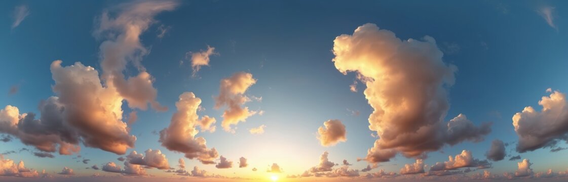 360 sky panorama of vibrant golden cumulus clouds at sunset. Seamless hdr equirectangular format full zenith perfect for 3D visualization, virtual reality sky replacement. Evening twilight dusk