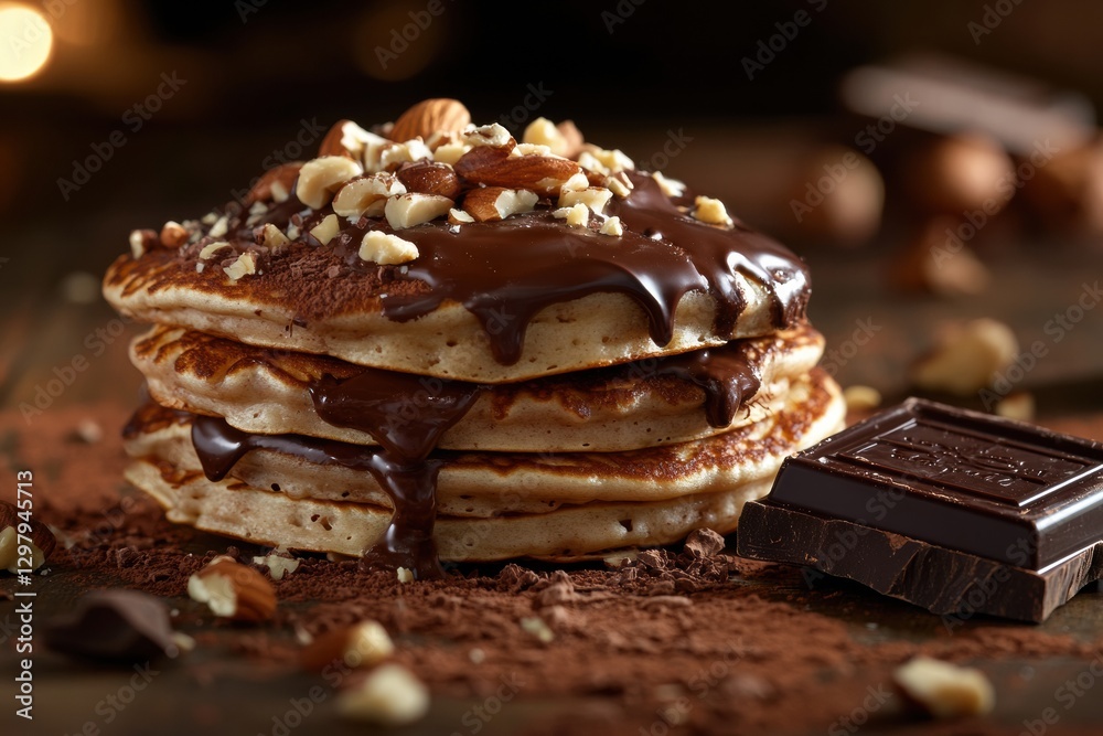 Poster delicious stack of pancakes topped with chocolate and nuts served on a wooden table at breakfast tim