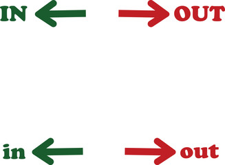 IN OUT arrow icons set. Simple arrow big vector collection isolated on transparent background. Red or green street sign with flat arrow pointing right and left signboard on road for pointing direction