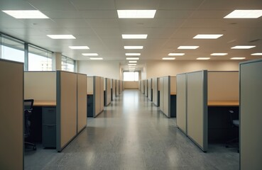 Empty office features rows of unoccupied cubicles, chairs, file cabinets, workstations. Diminished occupancy, quiet work environment. Modern interior design, repetitive modular construction, empty