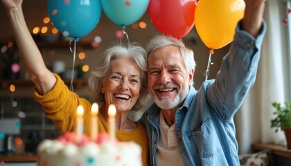 Joyful senior couple with cake, balloons celebrating birthday at home. Happy elderly man, woman laugh, enjoy party. Festive event, cheerful retirement lifestyle, positive human relationships, love,
